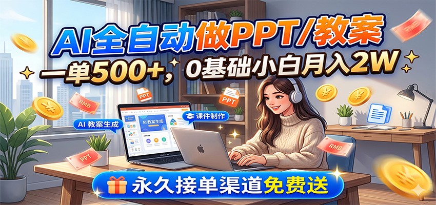 AI全自动做PPT/教案，一单500+，0基础小白月入2W，永久接单渠道免费送-阿牛笔记