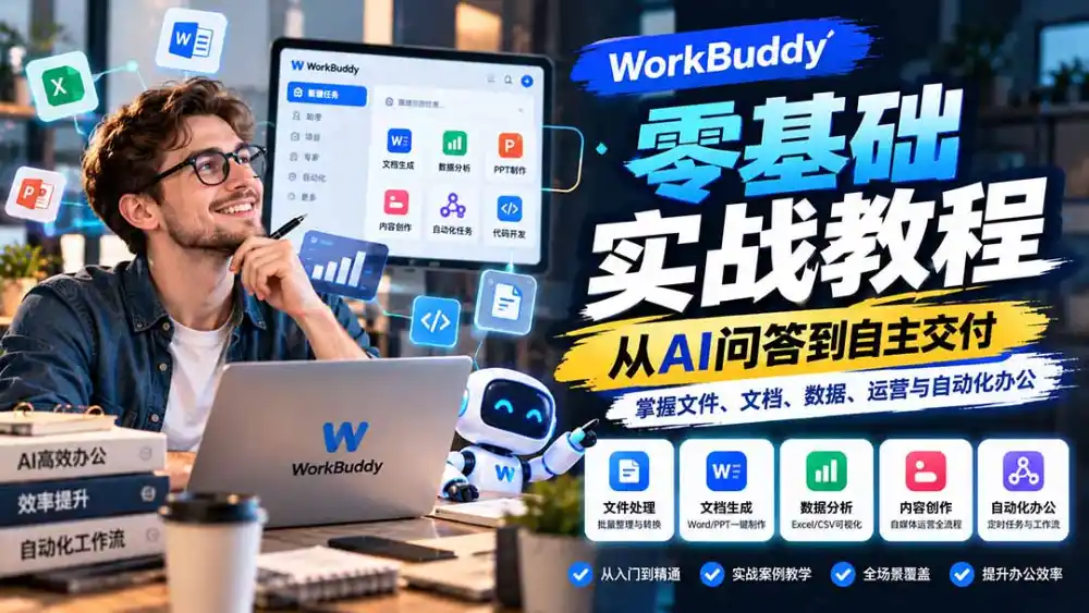 WorkBuddy零基础实战教程:从AI问答到自主交付,掌握文件、文档、数据、运营与自动化办公 WorkBuddy零基础实战教程:从AI问答到自主交付,掌握文件、文档、数据、运营与自动化办公
