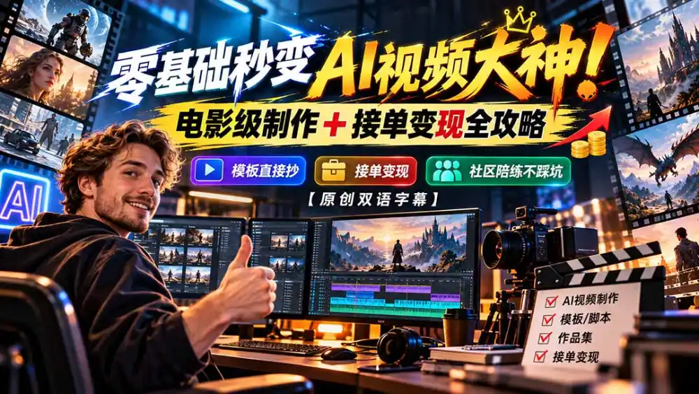 零基础秒变AI视频大神！电影级制作 + 接单变现全攻略，模板直接抄，社区陪练不踩坑【原创双语字幕】-阿牛笔记