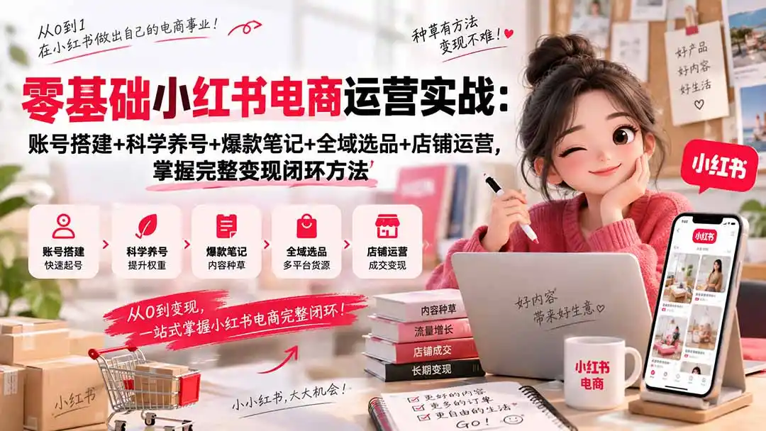 零基础小红书电商运营实战：账号搭建+科学养号+爆款笔记+全域选品+店铺运营，掌握完整变现闭环方法-阿牛笔记