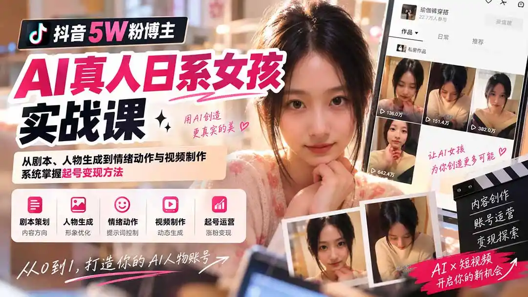 抖音5W粉博主AI真人日系女孩实战课:从剧本、人物生成到情绪动作与视频制作,系统掌握起号变现方法 抖音5W粉博主AI真人日系女孩实战课:从剧本、人物生成到情绪动作与视频制作,系统掌握起号变现方法