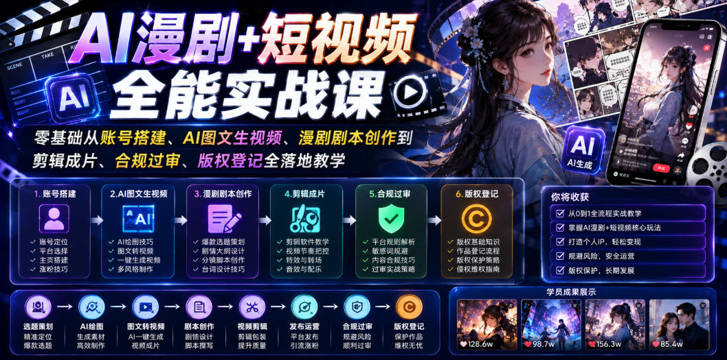 AI漫剧+短视频全能实战课｜零基础从账号搭建、AI图文生视频、漫剧剧本创作到剪辑成片、合规过审、版权登记全落地教学-阿牛笔记