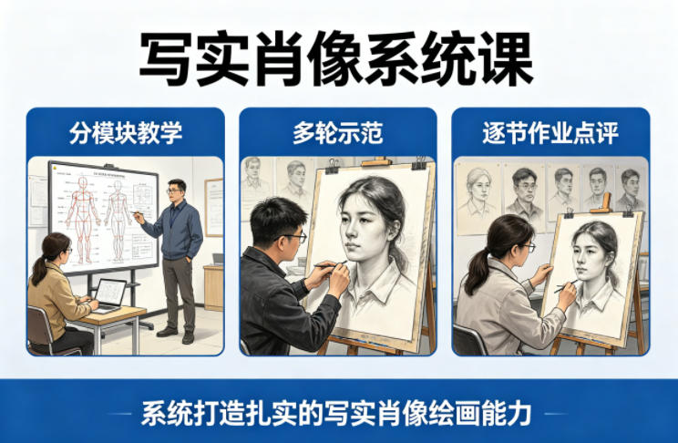 写实肖像系统课，全程分模块教学+多轮示范+逐节作业点评，系统打造扎实的写实肖像绘画能力-阿牛笔记