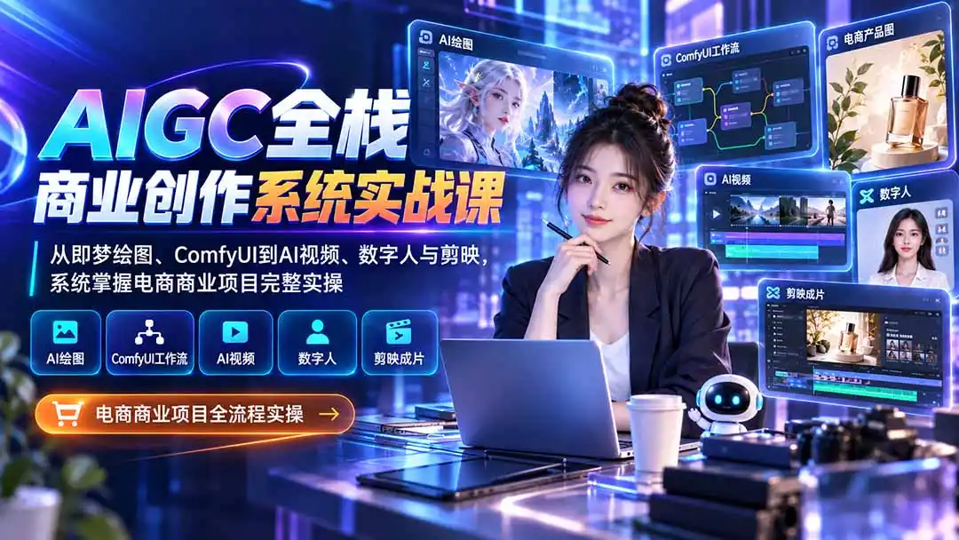 AIGC全栈商业创作系统实战课-无水印：从即梦绘图、ComfyUI到AI视频、数字人与剪映，系统掌握电商商业项目完整实操-阿牛笔记