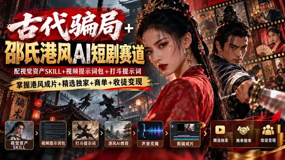 古代骗局+邵氏港风AI短剧赛道：配视觉资产SKILL+视频提示词包+打斗提示词，掌握港风成片+精选独家+商单+收徒变现-阿牛笔记