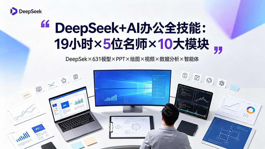 DeepSeek+AI办公全技能：19小时×5位名师×10大模块，DeepSeek×631模型×PPT×绘图×视频×数据分析×智能体-阿牛笔记