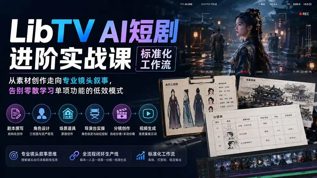 LibTV AI短剧进阶实操课标准化工作流；从素材创作走向专业镜头叙事，告别零散学习单项功能的低效模式-阿牛笔记
