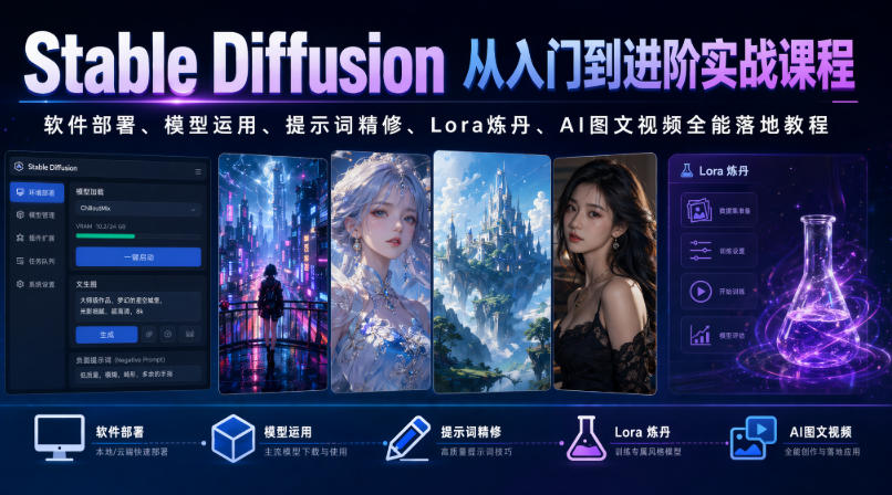 Stable Diffusion从入门到进阶实战课程|软件部署、模型运用、提示词精修、Lora炼丹、AI图文视频全能落地教程-阿牛笔记