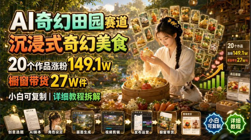 AI奇幻田园赛道，沉浸式奇幻美食，20个作品涨粉149.1W，橱窗带货27W件，小白可复制，详细教程拆解-阿牛笔记