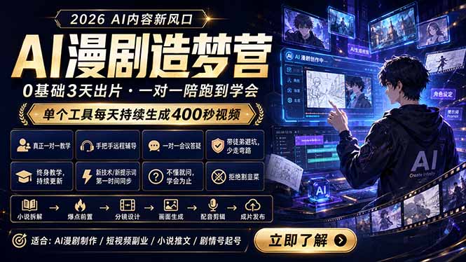 AI漫剧造梦营:0基础3天出片,单个工具每天持续生成400秒视频-阿牛笔记