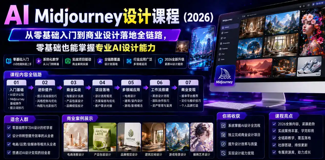 AI Midjourney设计课程(2026)，从零基础入门到商业设计落地全链路，零基础也能掌握专业AI设计能力(更新0913)-阿牛笔记