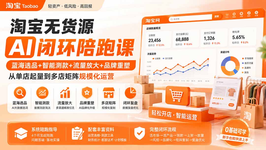淘宝无货源AI闭环陪跑课：蓝海选品+智能测款+流量放大+品牌重塑，从单店起量到多店矩阵规模化运营-阿牛笔记
