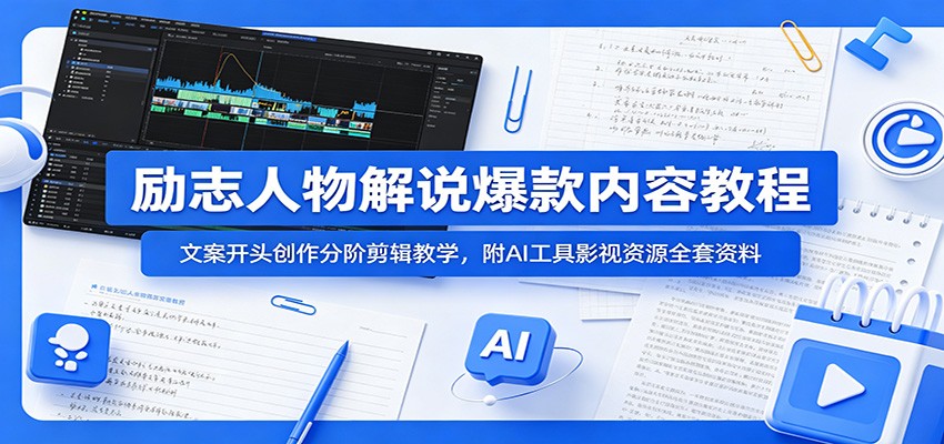 励志人物解说爆款内容教程：文案开头创作分阶剪辑教学，附AI 工具影视资源全套资料-阿牛笔记