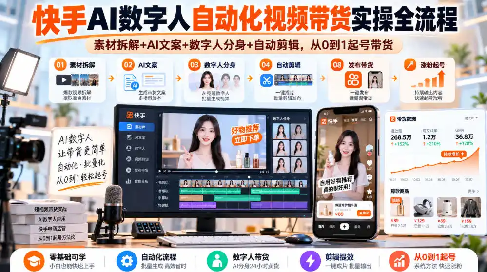 快手AI数字人自动化视频带货实操全流程|素材拆解+AI文案+数字人分身+自动剪辑,从0到1起号带货(更新26年)-阿牛笔记