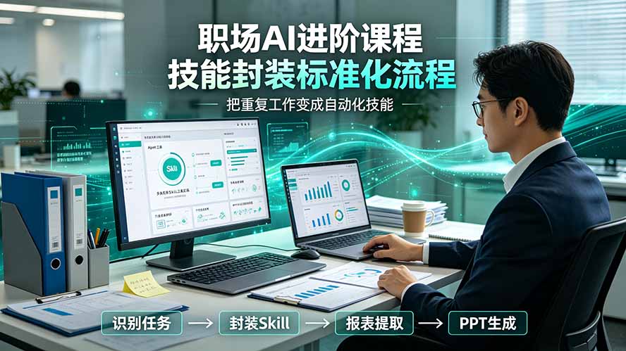 职场AI进阶课程；多类实用Skill工具实操，专属技能封装标准化流程，报表行业报告一键提取核心内容-阿牛笔记