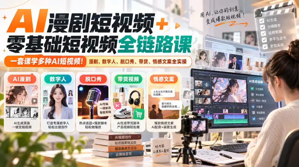 AI漫剧短视频+零基础短视频全链路课,一套课学多种AI短视频!漫剧、数字人、脱口秀、带货、情感文案全实操-阿牛笔记