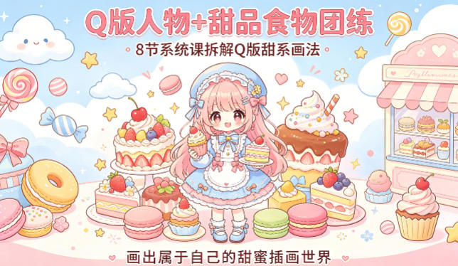 Q版人物+甜品食物团练，8节系统课拆解Q版甜系画法，画出属于自己的甜蜜插画世界-阿牛笔记