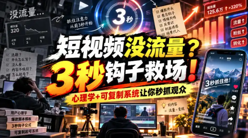 【无水印】短视频没流量?3秒钩子救场!心理学+可复制系统让你秒抓观众【原创双语字幕】-阿牛笔记