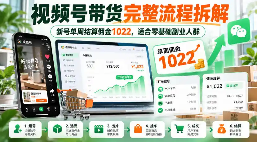 视频号带货完整流程拆解,新号单周结算佣金1022,适合零基础副业人群-阿牛笔记