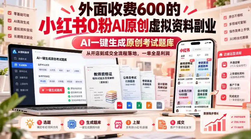 外面收费600的小红书0粉AI原创虚拟资料副业，AI一键生成原创考试题库，从开店到成交全流程落地，一单全是利润-阿牛笔记