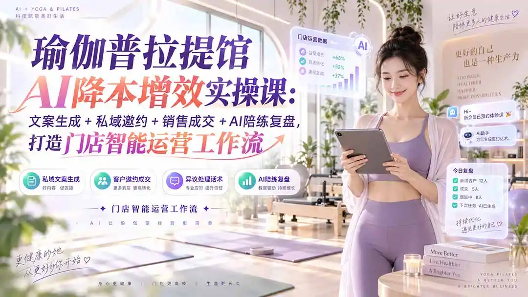 瑜伽普拉提馆AI降本增效实操课:文案生成+私域邀约+销售成交+AI陪练复盘,打造门店智能运营工作流-阿牛笔记