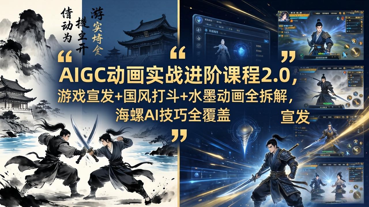AIGC动画实战进阶课程2.0，游戏宣发+国风打斗+水墨动画全拆解，海螺AI技巧全覆盖-阿牛笔记