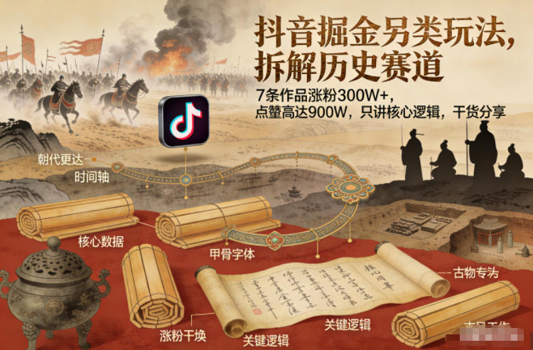 抖音掘金另类玩法，拆解历史赛道，7条作品涨粉300W+，点赞量高达900W，只讲核心逻辑，干货分享-阿牛笔记