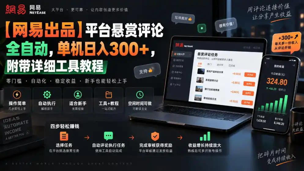【网易出品】平台悬赏评论全自动，单机日入300+，附带详细工具教程【揭秘】-阿牛笔记