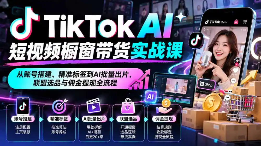 TikTok AI短视频橱窗带货实战课:从账号搭建、精准标签到AI批量出片、联盟选品与佣金提现全流程 TikTok AI短视频橱窗带货实战课:从账号搭建、精准标签到AI批量出片、联盟选品与佣金提现全流程