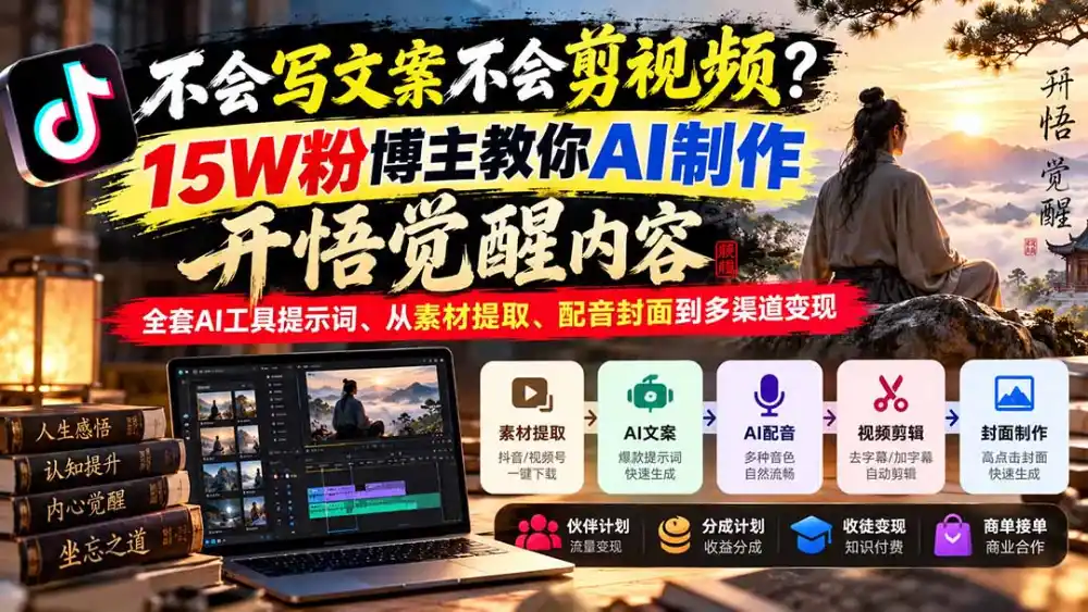 不会写文案不会剪视频?15W粉博主教你AI制作开悟觉醒内容,全套AI工具提示词、从素材提取、配音封面到多渠道变现-阿牛笔记