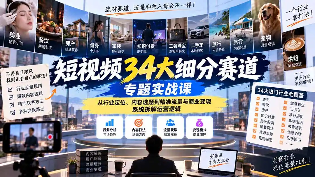 短视频34大细分赛道专题实战课：从行业定位、内容选题到精准流量与商业变现，系统拆解运营逻辑-阿牛笔记