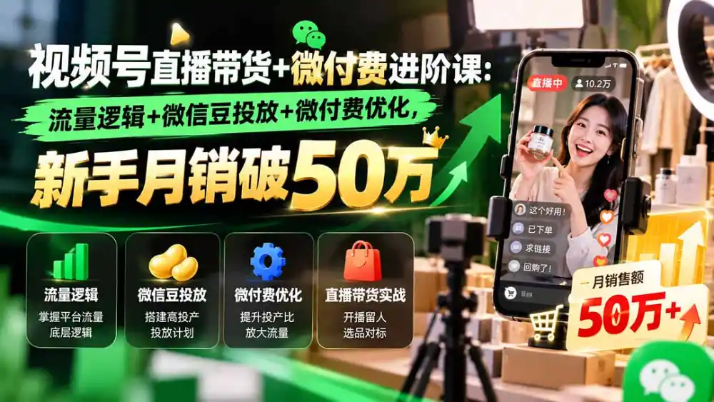 视频号直播带货+微付费进阶课-更新1010：流量逻辑+微信豆投放+微付费优化，新手月销破50万-阿牛笔记