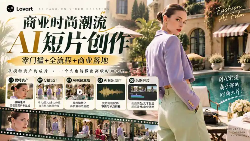 从一张模特图到高级时尚广告大片:AI三视图资产、场景合成、电影分镜、动态生成与复古音乐剪辑实战课-阿牛笔记