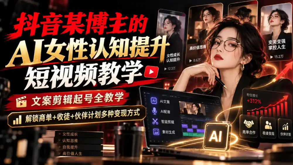 抖音某博主的Ai女性认知提升短视频教学,文案剪辑起号全教学,解锁商单+收徒+伙伴计划多种变现方式 抖音某博主的Ai女性认知提升短视频教学,文案剪辑起号全教学,解锁商单+收徒+伙伴计划多种变现方式