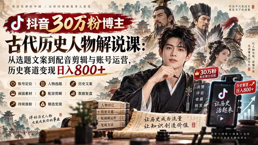 抖音30万粉博主古代历史人物解说课：从选题文案到配音剪辑与账号运营，历史赛道变现日入800+-阿牛笔记