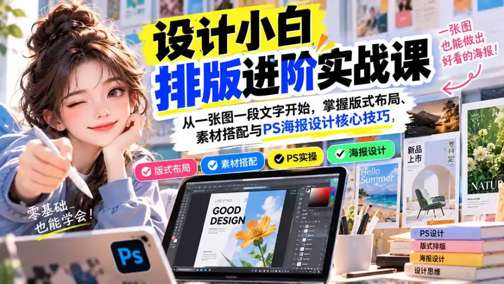 设计小白排版进阶实战课：从一张图一段文字开始，掌握版式布局、素材搭配与PS海报设计核心技巧-阿牛笔记