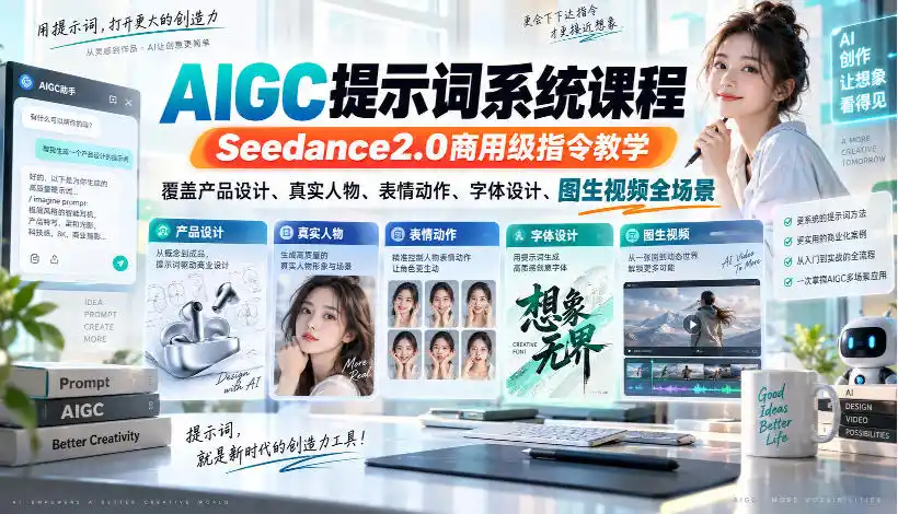 AIGC提示词系统课程,Seedance2.0商用级指令教学,覆盖产品设计、真实人物、表情动作、字体设计、图生视频全场景 AIGC提示词系统课程,Seedance2.0商用级指令教学,覆盖产品设计、真实人物、表情动作、字体设计、图生视频全场景