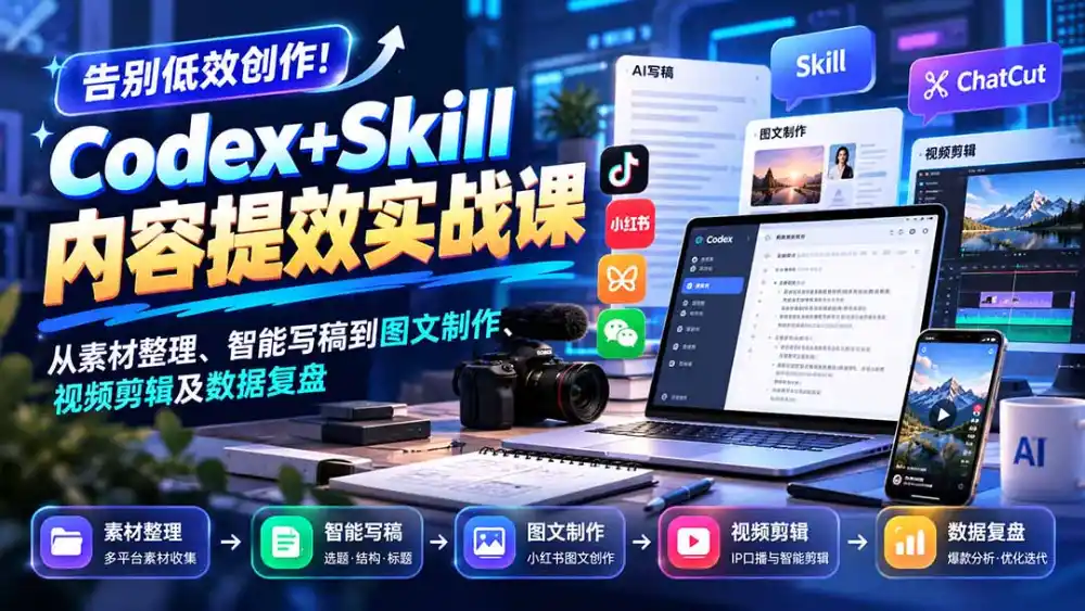 【无水印】告别低效创作！Codex+Skill内容提效实战课：从素材整理、智能写稿到图文制作、视频剪辑及数据复盘-阿牛笔记