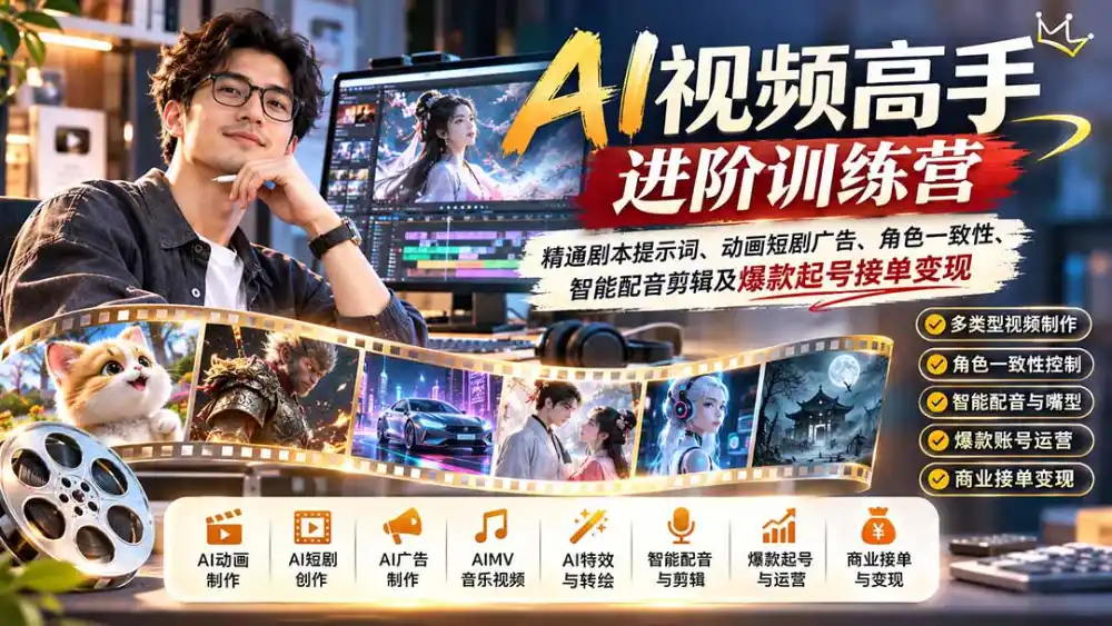 AI视频高手进阶训练营：精通剧本提示词、动画短剧广告、角色一致性、智能配音剪辑及爆款起号接单变现-阿牛笔记