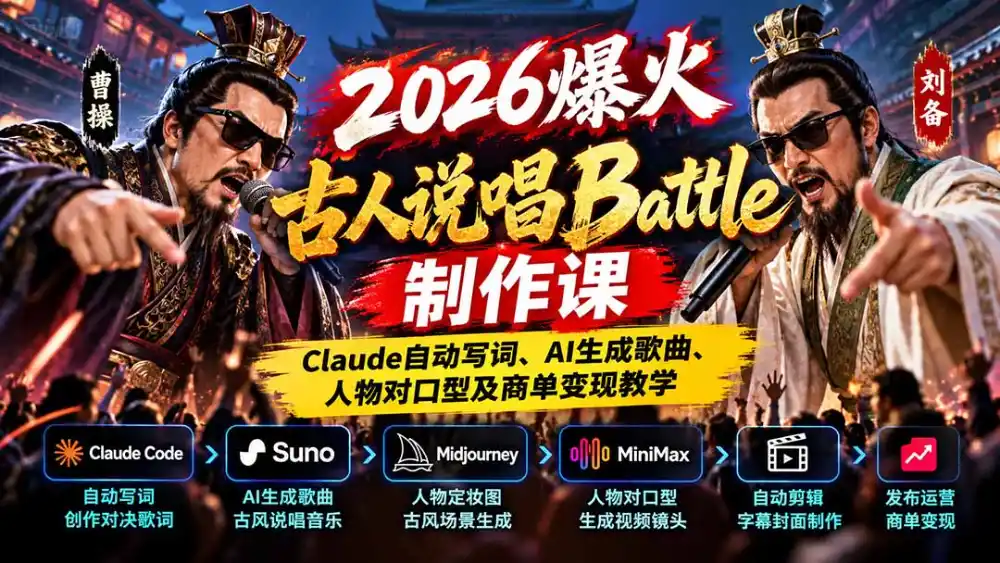 2026爆火古人说唱Battle制作课:Claude自动写词、AI生成歌曲、人物对口型及商单变现教学-阿牛笔记