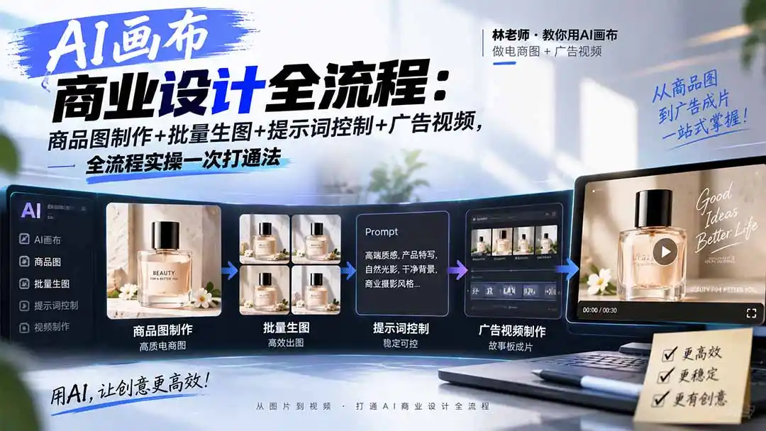 AI画布商业设计全流程:商品图制作+批量生图+提示词控制+广告视频,全流程实操一次打通法 AI画布商业设计全流程:商品图制作+批量生图+提示词控制+广告视频,全流程实操一次打通法