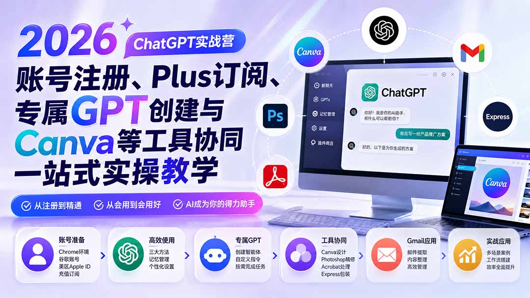 2026 ChatGPT实战营；账号注册、Plus订阅、专属GPT创建与Canva等工具协同一站式实操教学-阿牛笔记