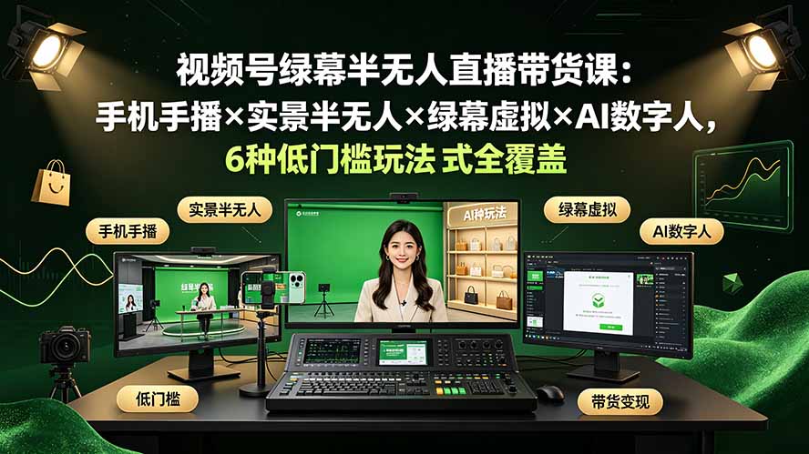 视频号绿幕半无人直播带货课:手机手播×实景半无人×绿幕虚拟×AI数字人,6种低门槛玩法全覆盖-阿牛笔记