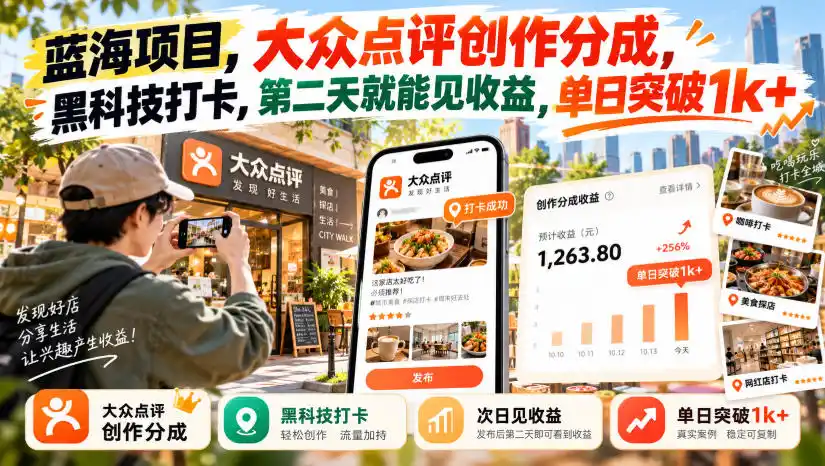 蓝海项目,大众点评创作分成,黑科技打卡,第二天就能见收益,单日突破1k+【揭秘】-阿牛笔记
