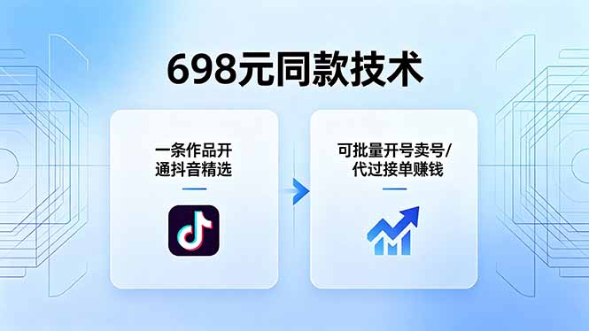 698元同款技术：一条作品开通抖音精选，可批量开号卖号，也可代过接单赚钱-阿牛笔记