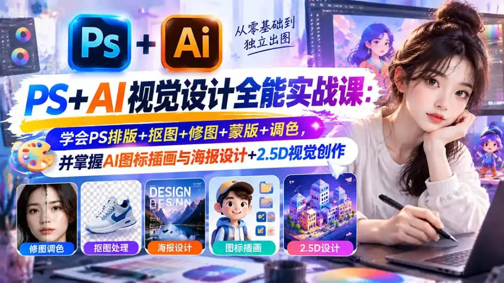 【无水印】PS+AI视觉设计全能实战课：学会PS排版+抠图+修图+蒙版+调色，并掌握AI图标插画与海报设计+2.5D视觉创作-阿牛笔记
