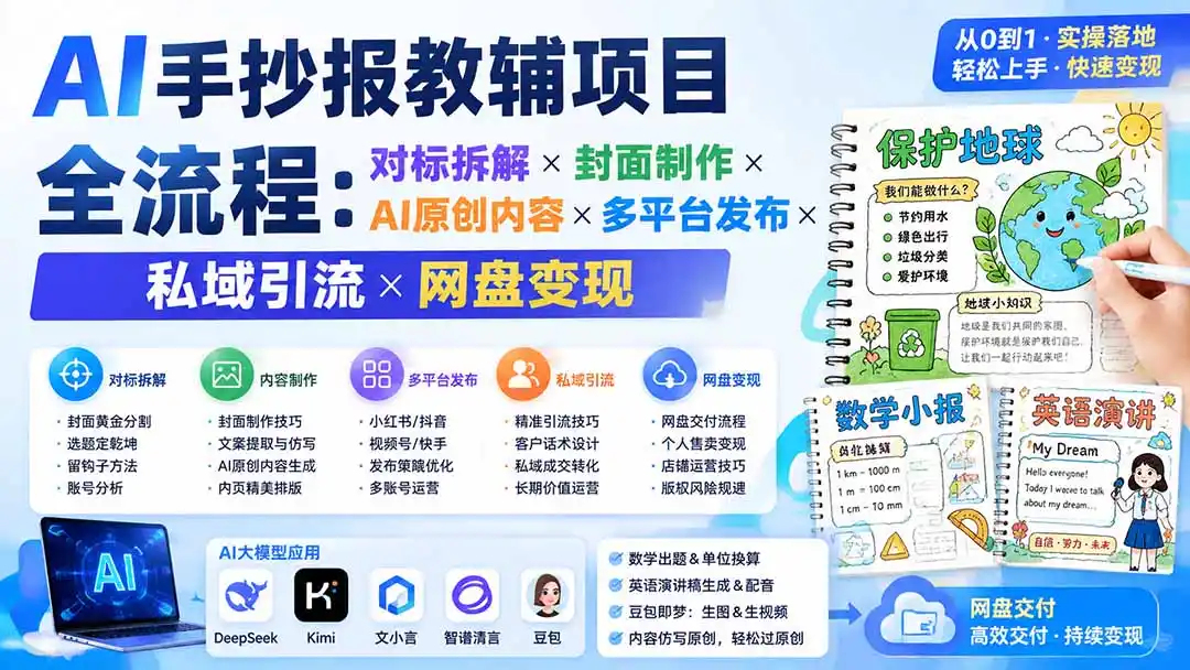AI手抄报教辅项目全流程：对标拆解×封面制作×AI原创内容×多平台发布×私域引流×网盘变现-阿牛笔记