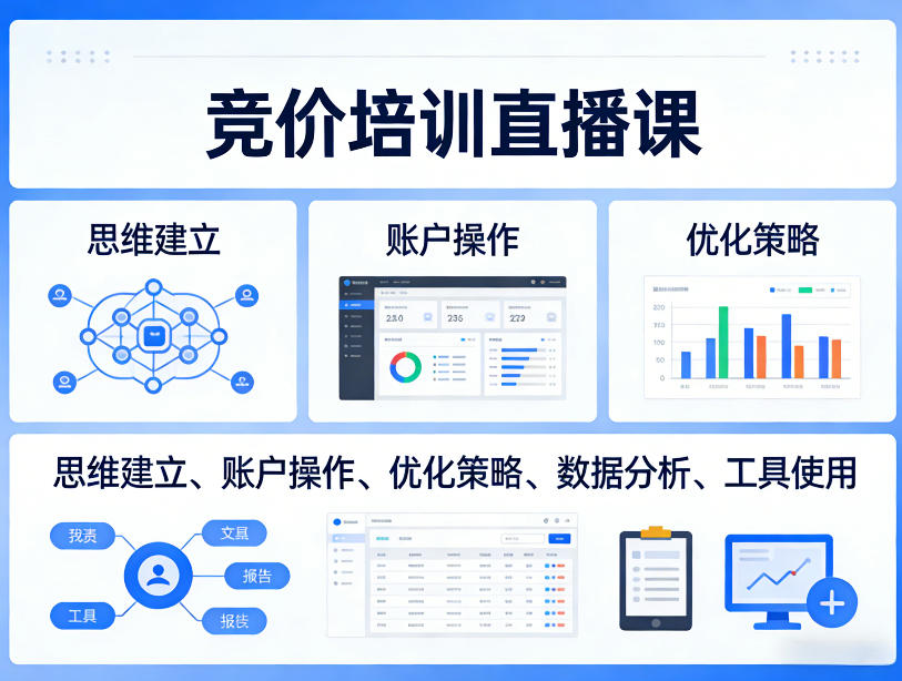 竞价培训直播课，覆盖思维建立、账户操作、优化策略、数据分析、工具使用等，全方位提升效果-阿牛笔记