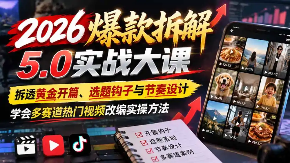 2026爆款拆解5.0实战大课:拆透黄金开篇、选题钩子与节奏设计,学会多赛道热门视频改编实操方法-阿牛笔记