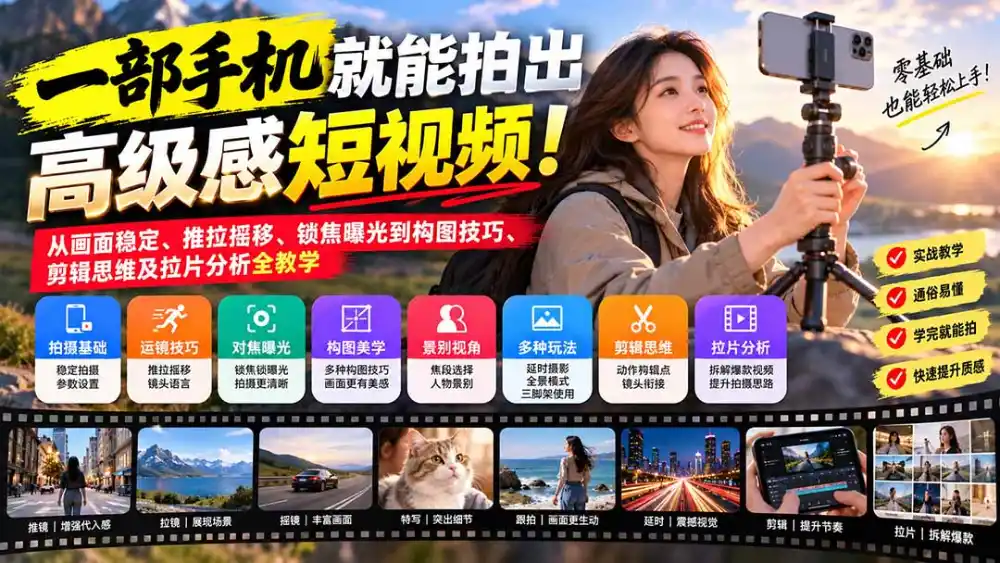 一部手机就能拍出高级感短视频!从画面稳定、推拉摇移、锁焦曝光到构图技巧、剪辑思维及拉片分析全教学 一部手机就能拍出高级感短视频!从画面稳定、推拉摇移、锁焦曝光到构图技巧、剪辑思维及拉片分析全教学